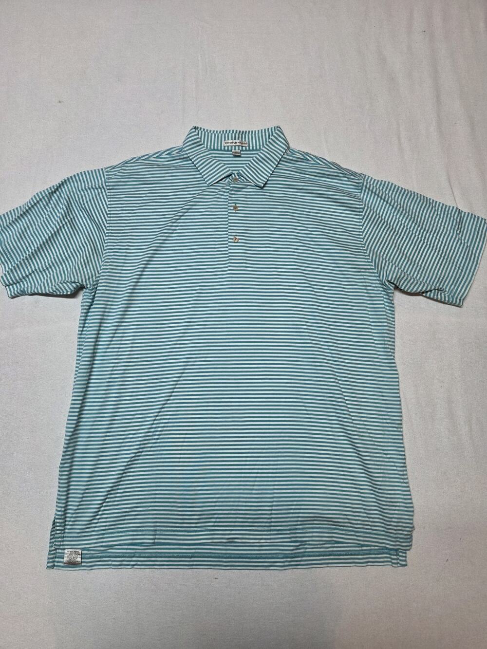 Peter Millar Men's Striped Golf Polo Shirt Teal White 100% Cotton Size XL